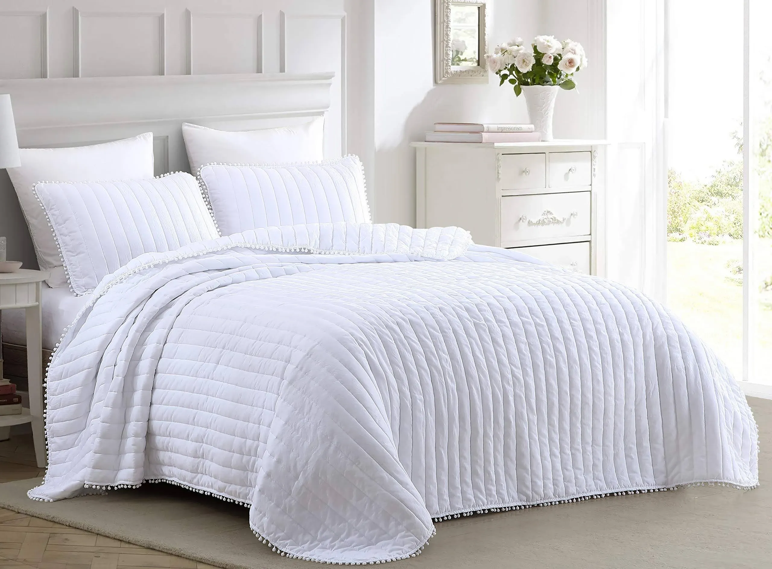 Iris 3-Piece Pom Pom Ball Fringe Quilted Coverlet Set