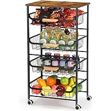 HEOMU 5 Tier Rolling Kitchen Storage Cart, Metal Microwave Stand Kitchen Island Cart on Wheels with Storage for Kitchen, Bathroom, Living Room, Bar, Office, Rustic BrownHEOMU 5 Tier Rolling Kitchen Storage Cart, Metal Microwa…