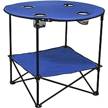 Two Tier Folding Camping Table Four Mesh Cup Holders Blue Aluminum Frame