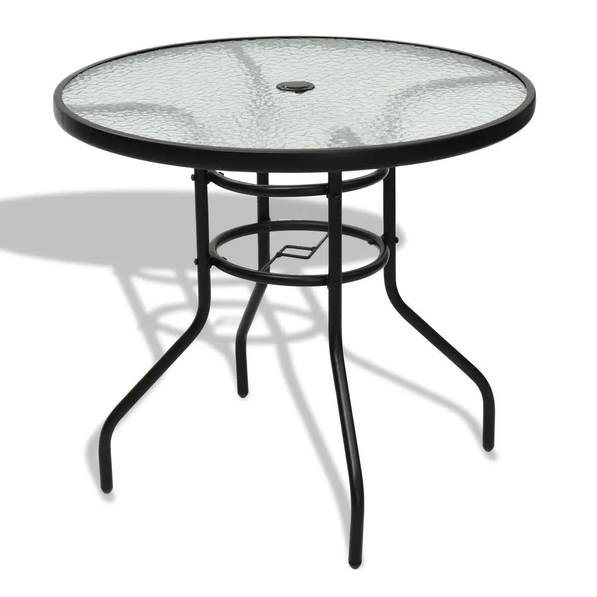 Round Tempered Glass Top Steel Frame Patio Table w/ Umbrella Hole 32&#034; Diameter