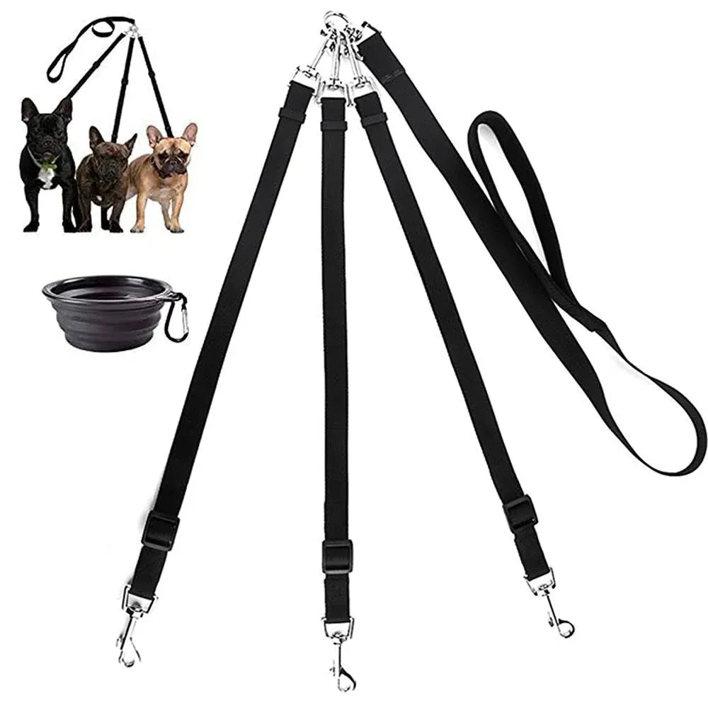 3 Way Dog Leash + a Collapsible Travel Bowl, Nylon Adjustable Coupler No Tangle Detachable 3 in 1 Multiple Dog Pet Cat Puppy Leash with Soft Padded Handle (Black)