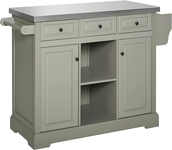 HOMCOM Rolling Kitchen Island with Storage, Kitchen Cart with Stainless Steel Top, Spice Rack & Drawers, Gray