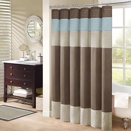 Madison Park Amherst Bathroom Shower Curtain Faux Silk Pieced Striped Modern Microfiber Bath Curtains, 72x72" Inches, Blue