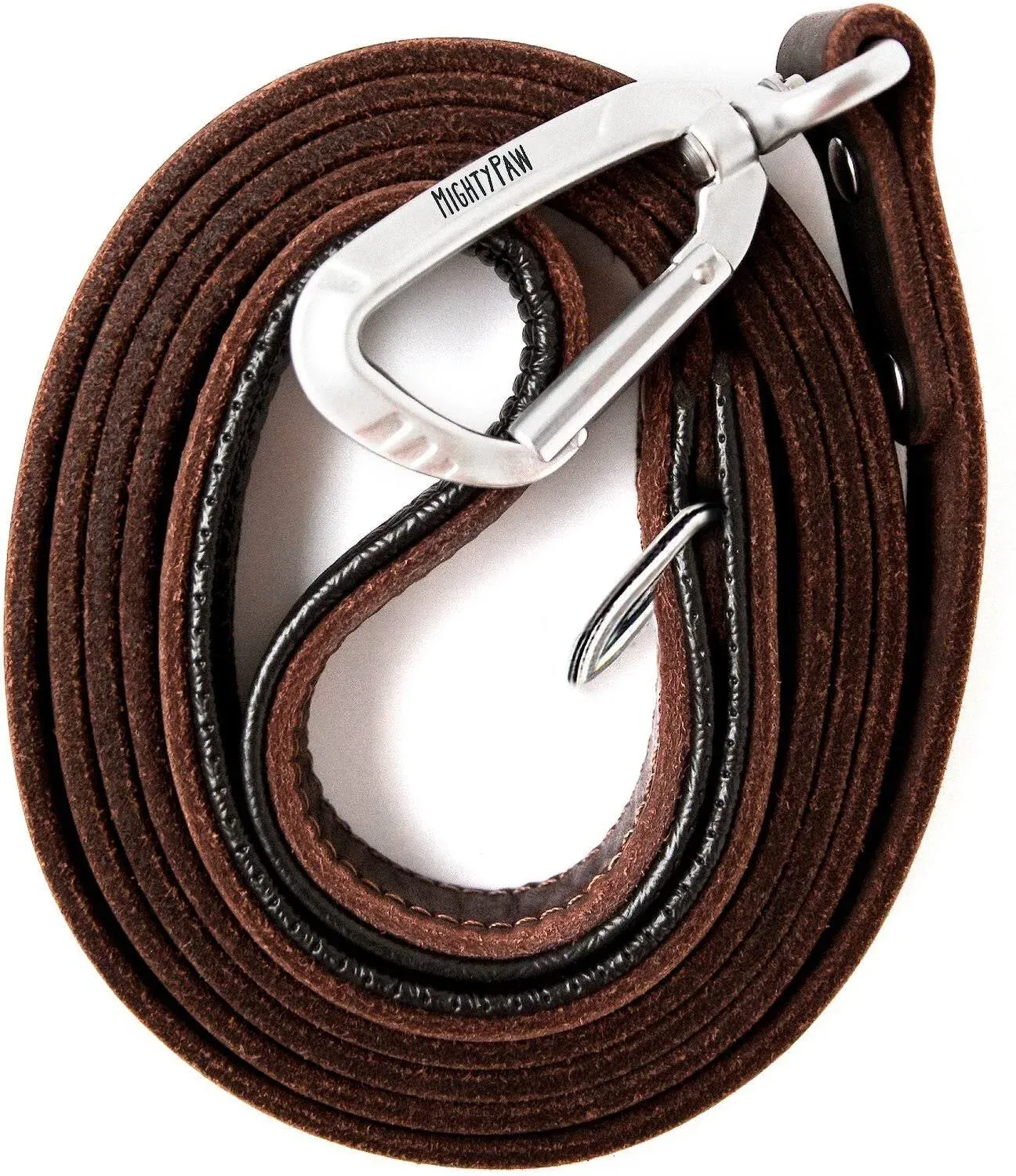 Mighty Paw Leather Dog Leash | 6 ft Leash. Super Soft Padded Handle Leather Lead with Extra D-Ring for Waste BAGS. Strong