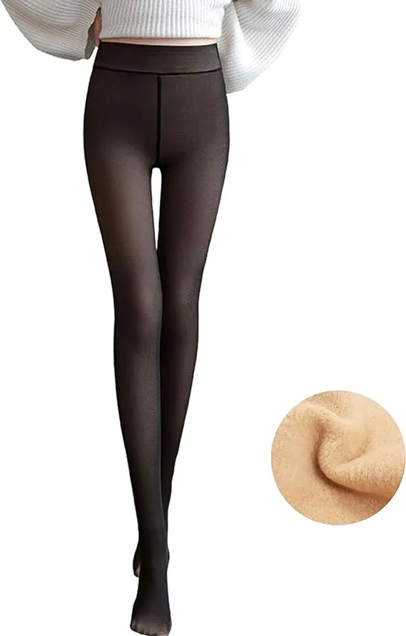 Ritatte Thick Fleece Lined Tights for Women, Fake Warm Translucent Pantyhose, Stretchy High Waist Sheer Solid Leggings