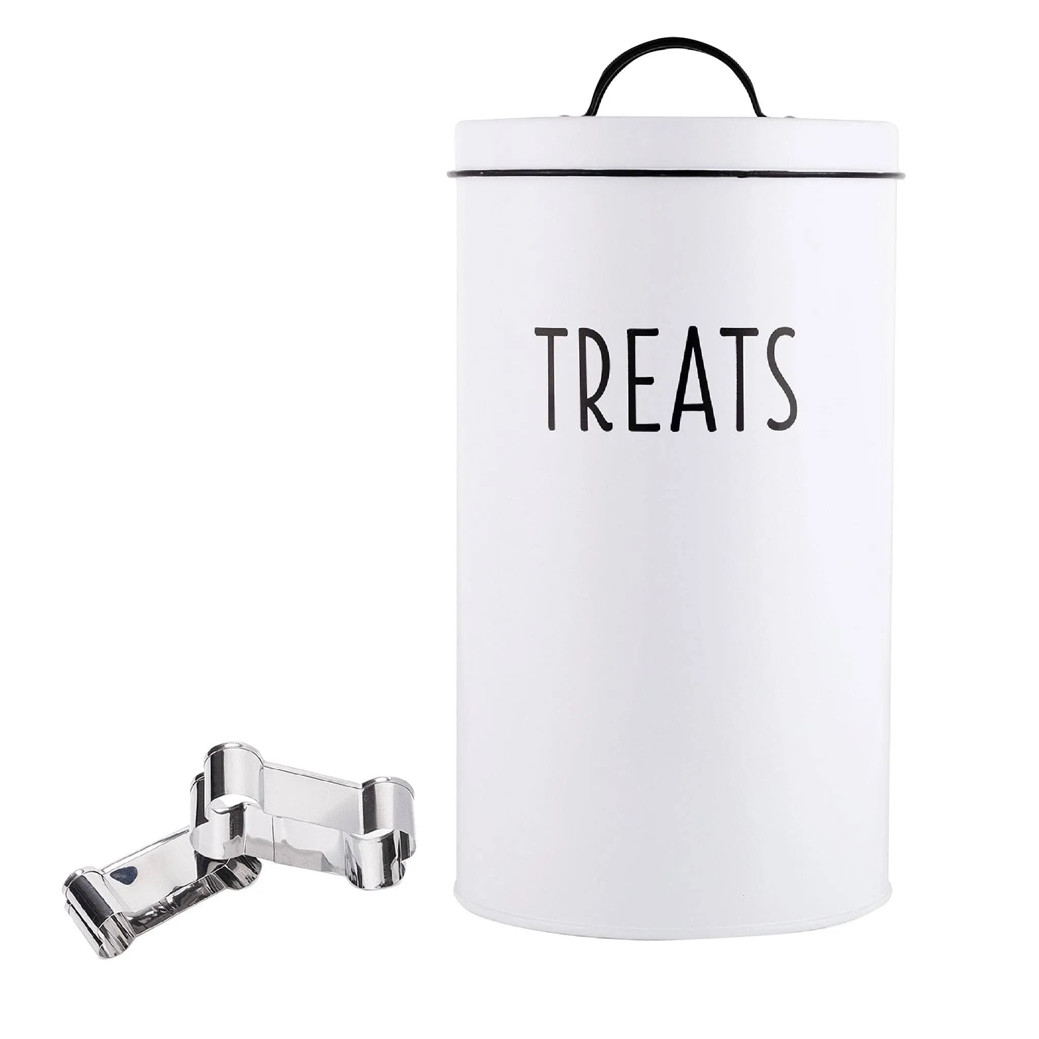 Outshine White Farmhouse Cat and Dog Treat Container with 2 Dog Bone Cookie Cutters | Cute Pet Food Container with Lid | Durable Airtight Dog Food