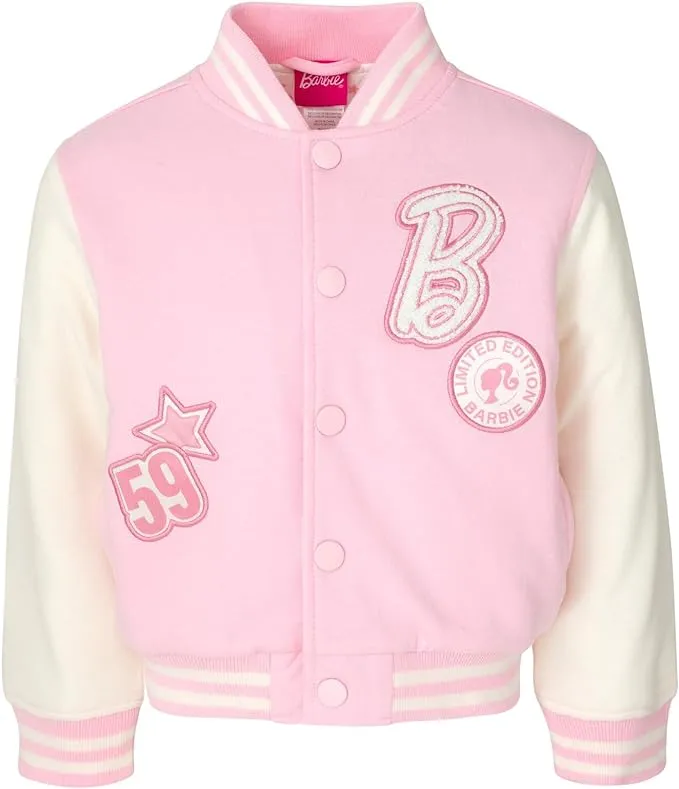 Barbie Big Girls French Terry Varsity Bomber Jacket Pink 10-12