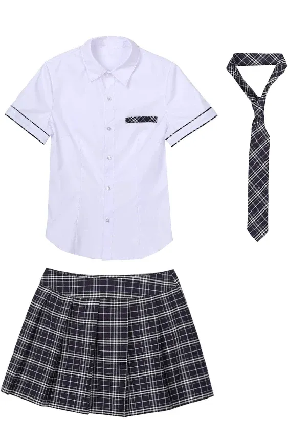 FEESHOW Women School Girls Uniform Set Cosplay Costume Tie Top Shirt with Plaid Skirt