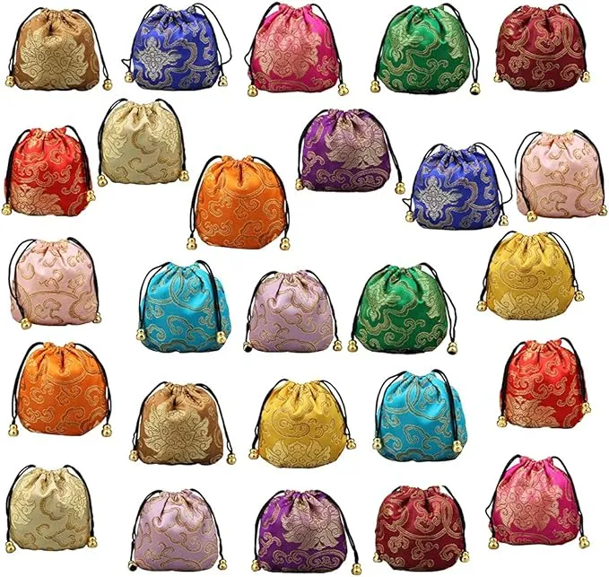 Chinese Silk Brocade Drawstring Jewelry Pouch Bag Value Set