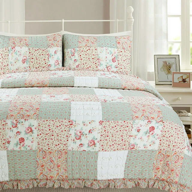 Cozy Line Home Fashions 100% Cotton Real Patchwork Floral Coral Pink Ruffled Shabby Chic Girly Reversible Quilt Bedding Set, Coverlet Bedspread (Sweet Roses, Queen - 3 Piece)