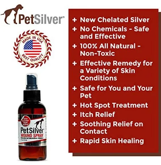 PetSilver Wound Spray with Chelated Silver Made in Usa Vet Formulated All Natural Pain Free Formula Relief for Hot Spots Wounds and Burns