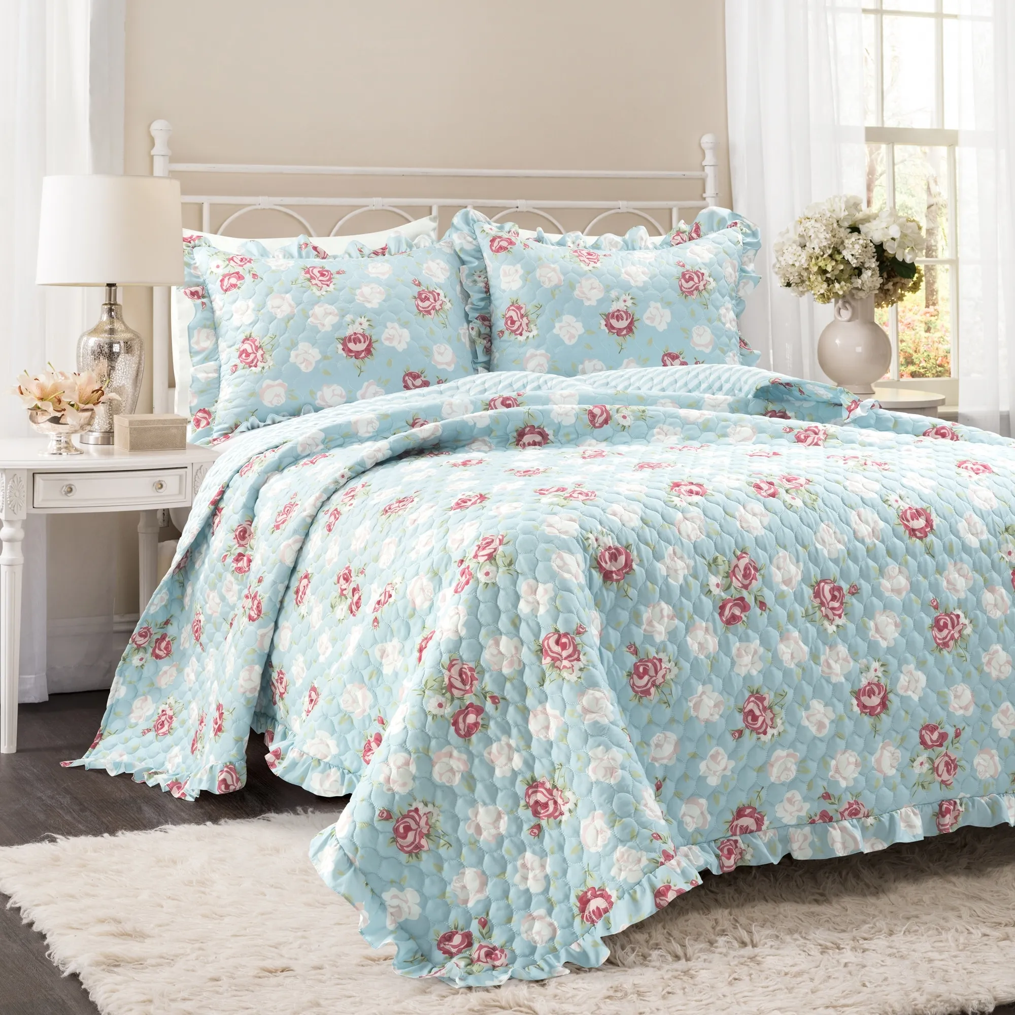 Cottage Core Floral Ruffle Reversible Oversized 3-piece Quilt Set, Full/queen In Blue