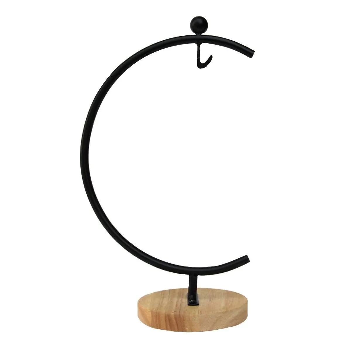 Ornament Display Stand Iron Pothook Stand for Hanging Glass Terrarium/Picture (Big G-Shaped Wood Base, Black)