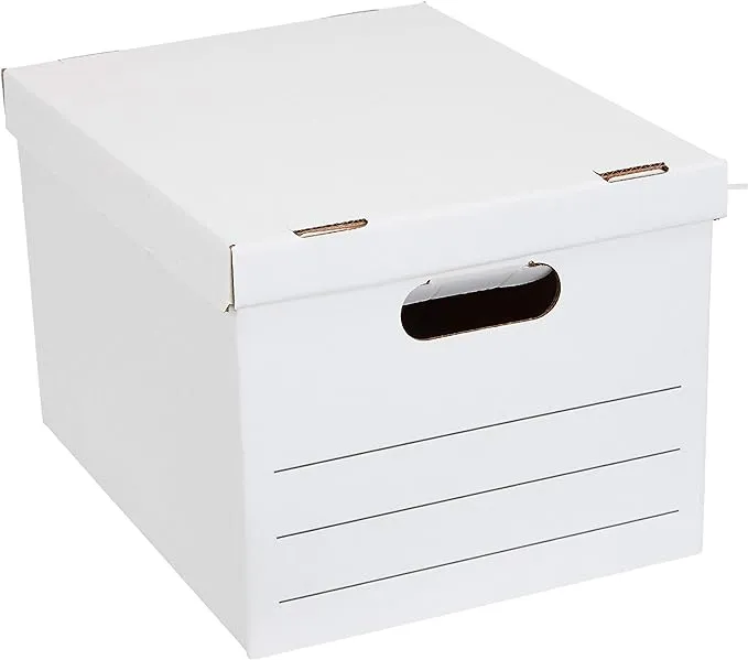 Amazon Basics Storage and Filing Boxes With Lid and Handles, Legal/Letter Size, Basic Duty, Pack of 20, White, 16.2" L x 12.5" W x 10.5" H