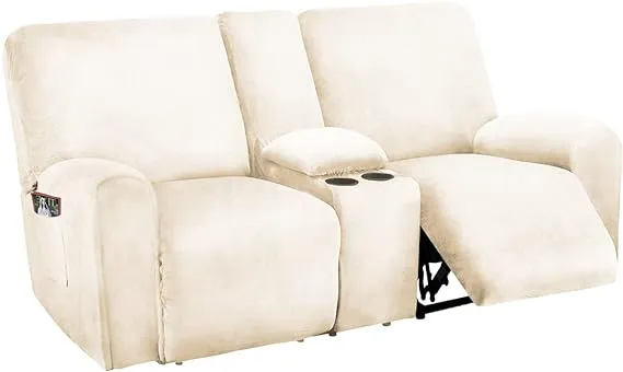 ULTICOR Reclining Love Seat with Middle Console Slipcover, 8-Piece Ivory 