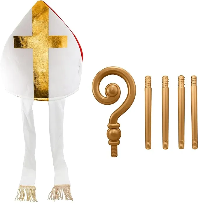 Adult Bishop Priest Pope Hat and Gold Crozier Staff Saint Costume Accessory Set