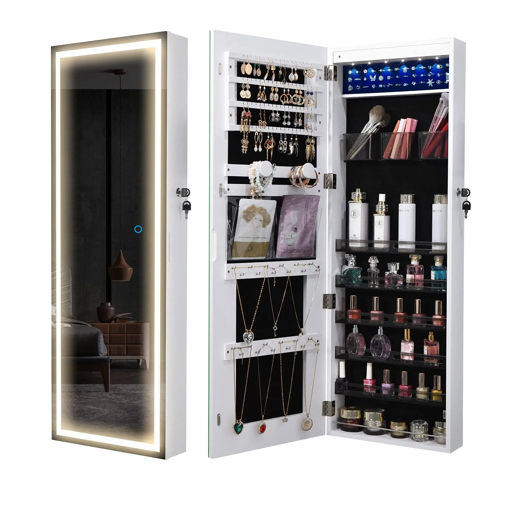  LED Mirror Jewelry Cabinet, Wall / Door Jewelry Organizer Armoire, Full 