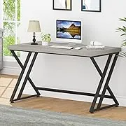  Gray Computer Desk, Industrial Wood and Metal Home 55 Inch Light Grey Oak