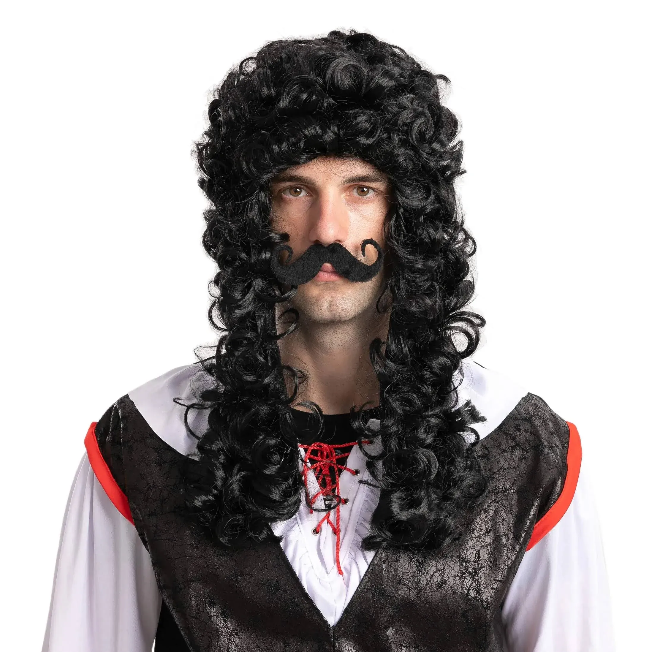 Syncfuns Men&#039;s Black Pirate Wig with 1 Mustache Halloween Wig