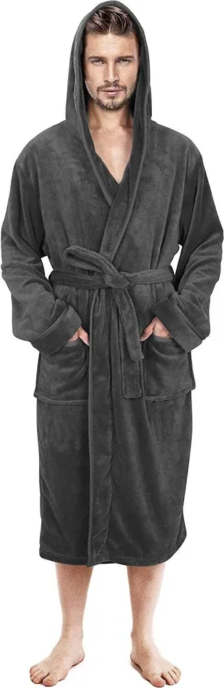 NY Threads Mens Hooded Fleece Robe - Plush Long Bathrobes