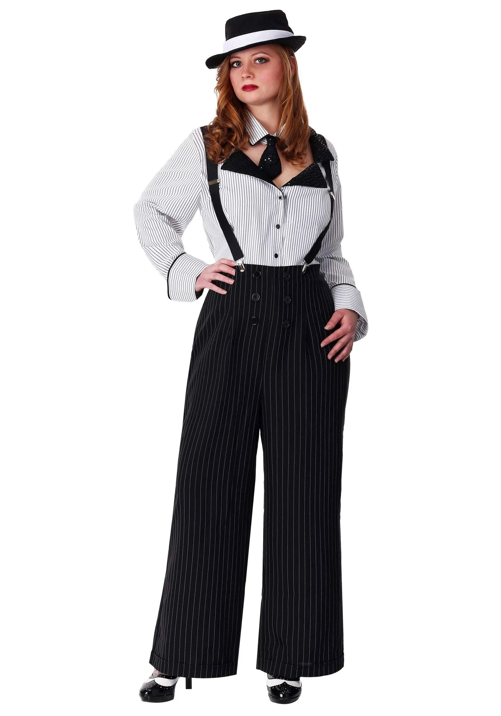 Womens Plus Size Gangster Costume Plus Size Pinstripe Gangster Outfit for Women