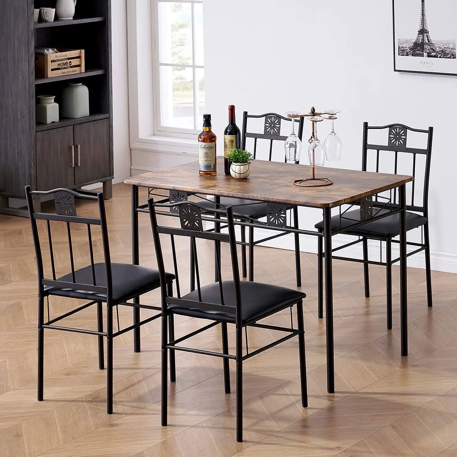 VECELO Kitchen Dining Room Table Sets for 4 5 Piece Metal and Wood Rectangular ...