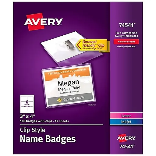 Avery Customizable Name Badge Clips, 3" x 4", White, 100 Printable Inserts and Badge Holders with Clips (74541)