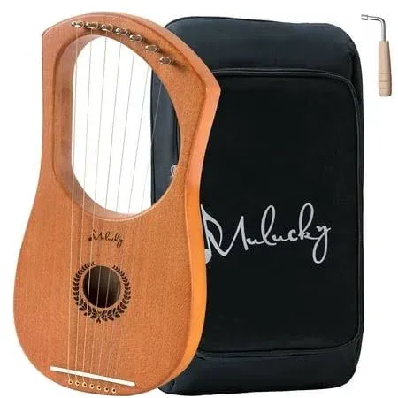 Mulucky Lyre Harp 7 Metal Steel String Bone Saddle Mahogany Lyre Instrument with Tuning Wrench and Black Gig Bag - Mlh701