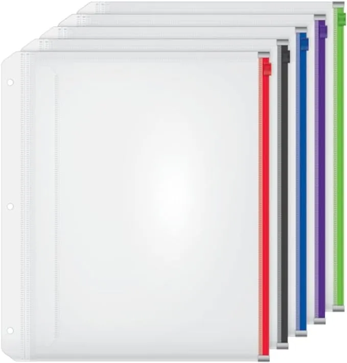 Cardinal Plastic Zippered Binder Pockets, 3-Hole Punched, Fits Full Letter Size 8-1/2" x 11" Sheets, Clear with Multicolor Zippers, 5-Pack (14650)