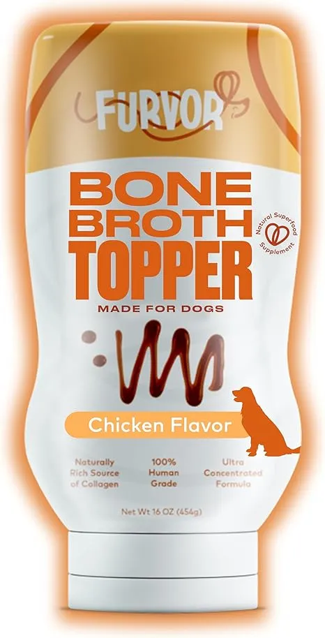 Furvor Chicken Bone Broth for Dogs - Collagen Protein Supplement for Digestion, Mobility, Coat, Immunity, Healthy Dog Food Topper, Meal Boost Gravy, Grain Free, USA 16 oz