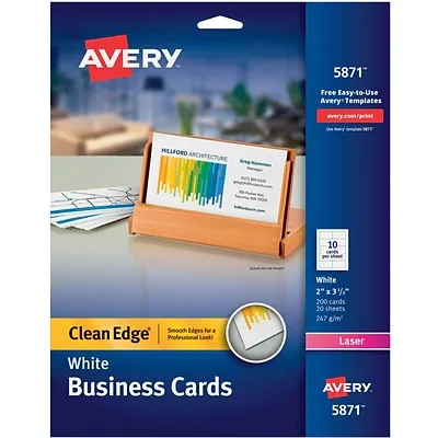 Avery Clean Edge Printable Business Cards with Sure Feed Technology, 2" x 3.5", White, 200 Blank Cards for Laser Printers (5871)