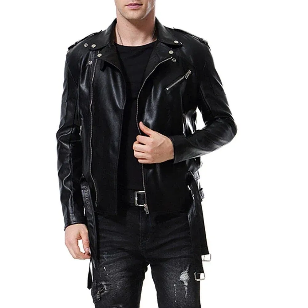 AOWOFS Men&#039;s Motorcycle Faux Leather Jacket Zip Slim Fit Double Belt Punk Biker 