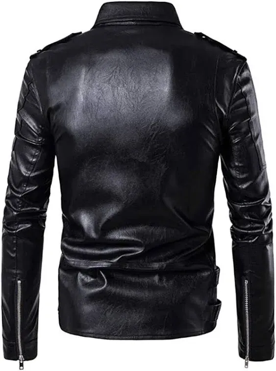 Aowofs Men's Faux Leather Jacket Double Belt Punk Motorcycle Zip Slim