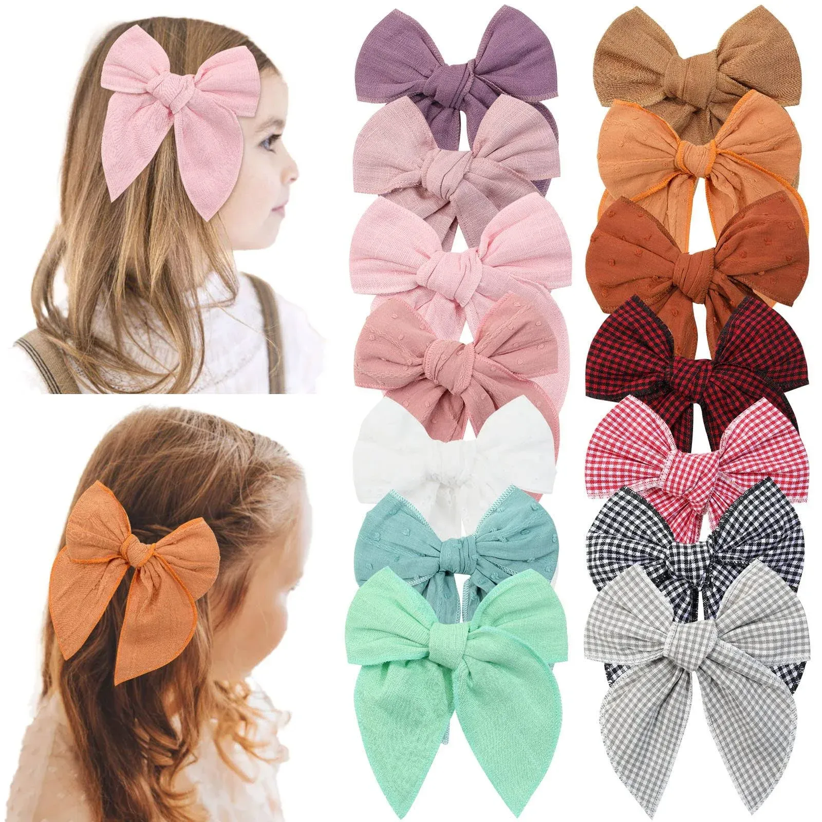 14 Pcs Large Fable Hair Bows for Girls, TOKUFAGU 6 Inch Handmade Cotton Linen Ha