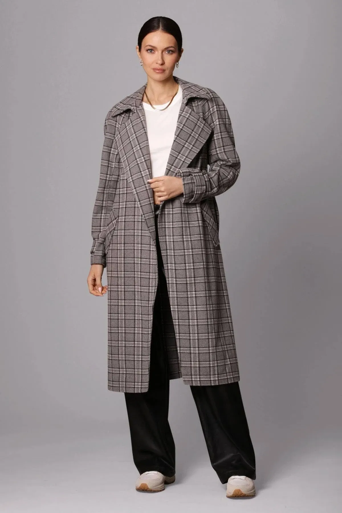 avec Les Filles Women's Relaxed Fit Plaid Wool Blend Belted Trench Coat ...