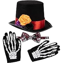 Spooktacular Creations 4 Pcs Halloween Day of the Dead Costume Accessories Set for Men Including 1 Pair of Skeleton Gloves, 1 Men’s Hat and 1 Bow Tie for Halloween Cosplay Party