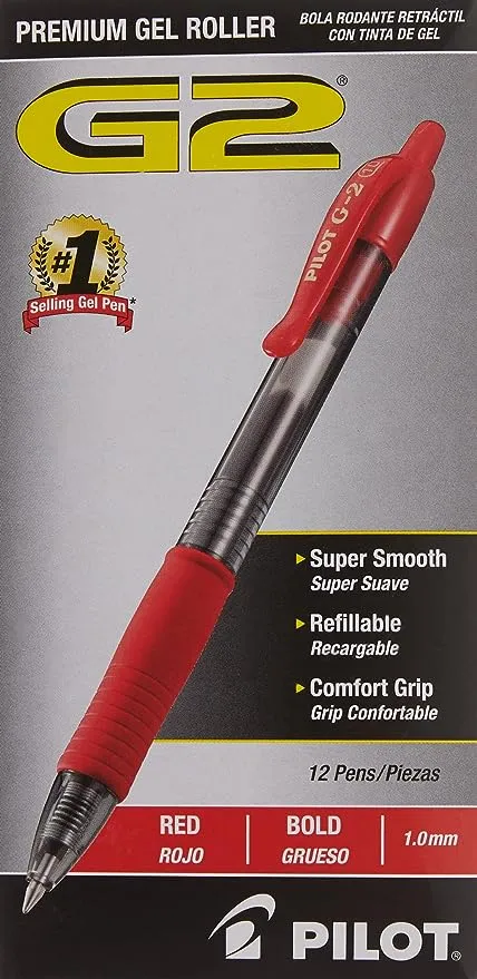 Pilot G-2 Gel-Ink Bold Point Pens , Red - Dozen