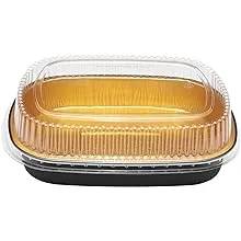 Karat 72 oz Black and Gold Aluminum Foil Take Out Pan with Clear PET Dome Lid - 50 Set