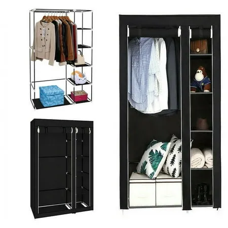 Zprotect Wardrobe Storage Closet Portable Clothes Standing Shelves Organizer Non-Woven Fabric Rack DIY Armoire Storage with Hanging Rods