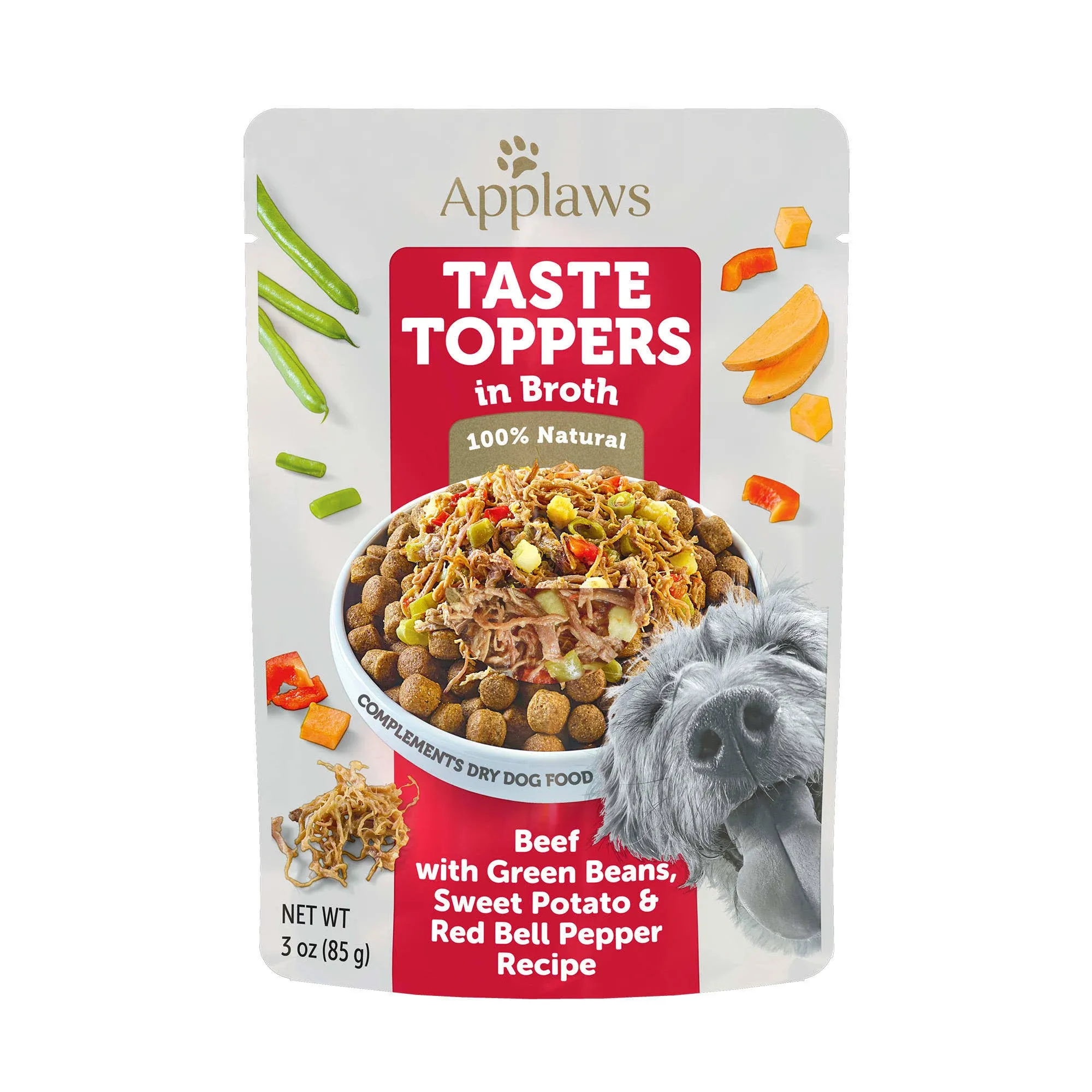 Applaws Taste Toppers Beef, Green Beans, Pepper & Sweet Potato in Broth Wet Dog Food Topper, 3-oz Pouch, Case of 12