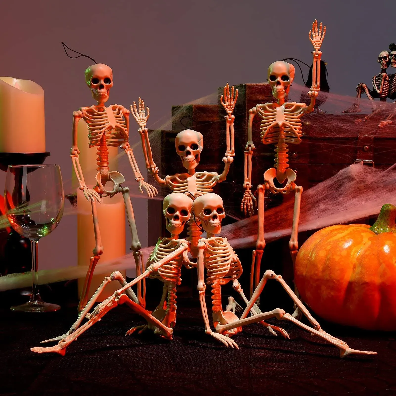 5 Pack Halloween Skeletons Decorations, Full Body Posable Skeletons with Movable