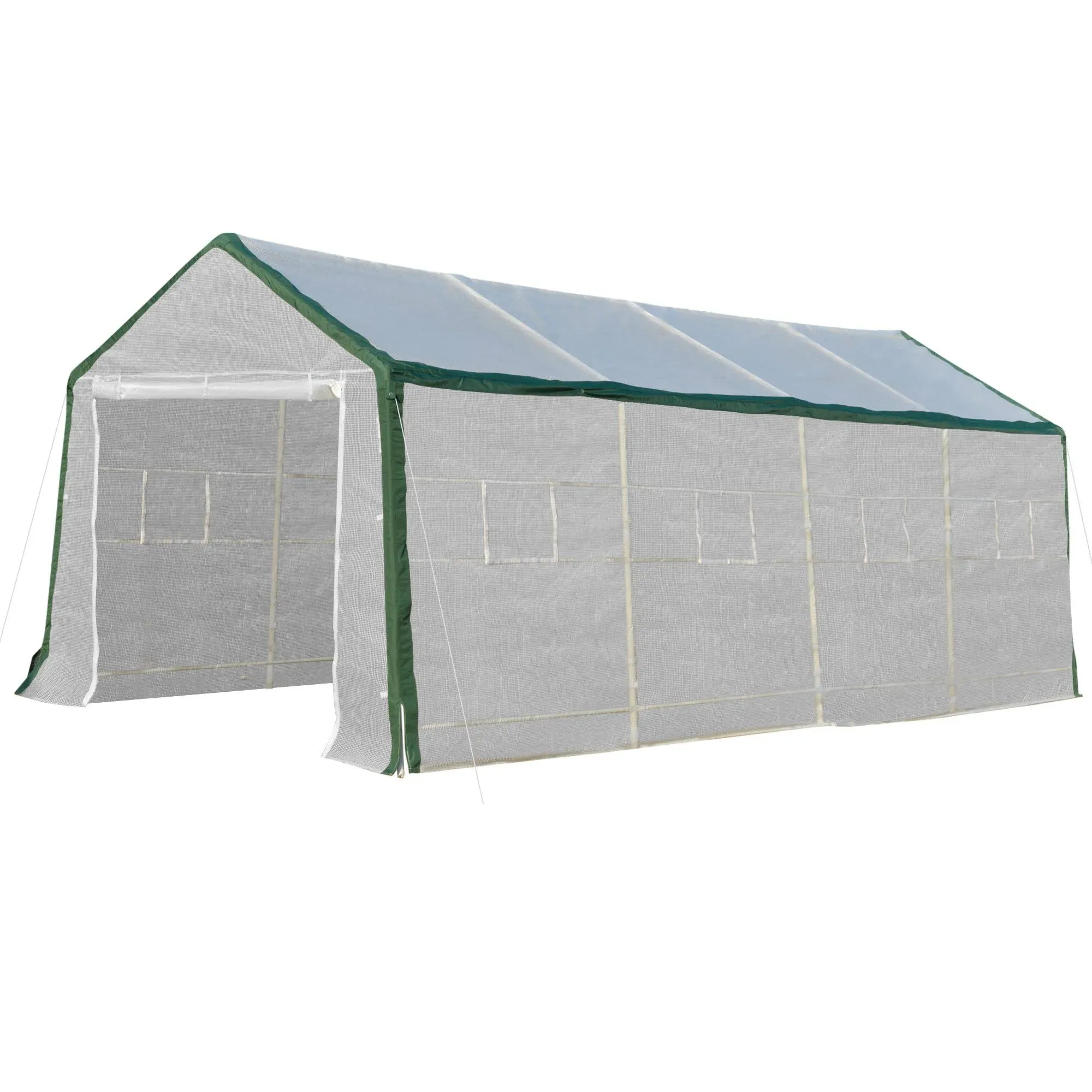 Outsunny 20'L x 10'W x 8'H Heavy duty Greenhouse Walk in Hot House Windows and Roll Up Door PE Cover Steel Frame White