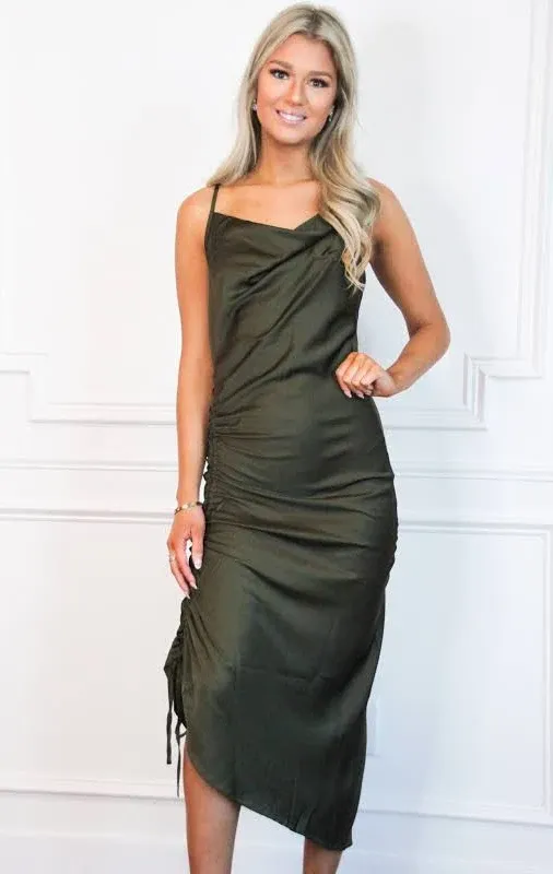 Bella and Bloom Boutique - Event of The Season Satin Ruched Midi Dress: Olive Small