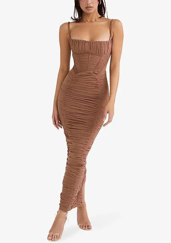 LIlian ruched satin and mesh midi dress