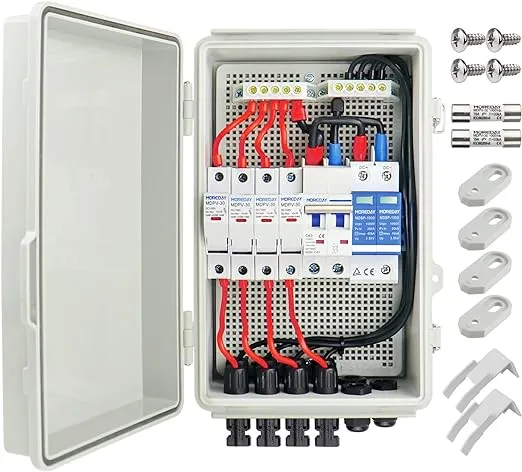 4 String Solar Combiner Box PV Combiner Box with Lightning Arreste, 63A Circuit Breakers and 15A Rated Current Fuse for On/Off Grid Solar Power System, IP65 Water Resistant