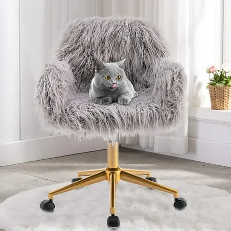 HomVent Faux Fur Vanity Chairs with Wheels Grey Furry Makup Desk Chair for Kids,Women,Grils,Cute Home Office Computer Chair,Swivel Task Arm Chairs for Bedrooms,Living Room,Study,Dressing