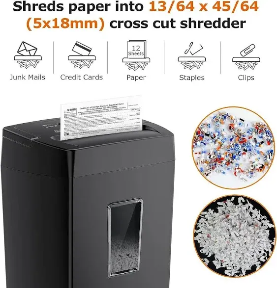 Bonsaii 12-Sheet Cross Cut Paper Shredder, 5.5 Gal Home Office Heavy Duty Shredder for Paper, Credit Card, Mails, Staples, with Transparent Window, High Security Level P-4 (C275-A)