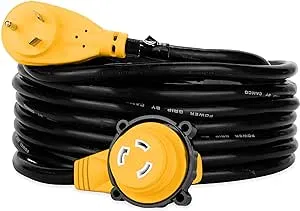 Camco Power Grip 25-Ft 30 Amp RV Extension Cord w/90° Locking End - Rated for 125V / 3,750W - Features Threaded Locking Ring for Weatherproof Connection & 10-Gauge Copper Wire (55524)