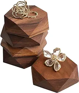 GemeShou 5pcs Wood Jewelry Stand Tray, Hexagon Display Riser Set, Retail Jewelry Shop Display Riser, Walnut Hexagon 5pcs Small