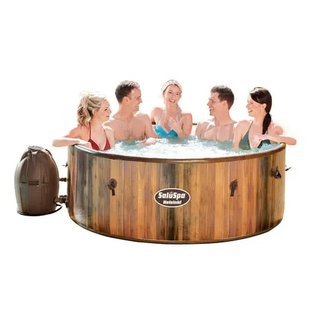 Bestway Helsinki SaluSpa 7 Person Inflatable Outdoor Hot Tub Spa with 180 Soothing AirJets, Filter Cartridges, Pump, and Insulated Cover, Brown Wood